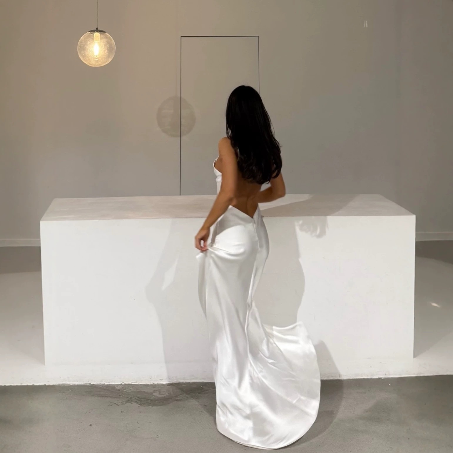 White Satin Maxi Evening Dress - Elegant Satin Evening Gown Split ulasan dan harga
