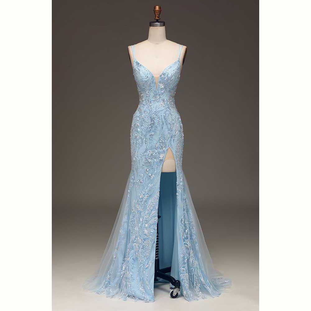 Elegant Light Blue Satin Women - Elegant Satin Evening Gown Split ulasan dan harga