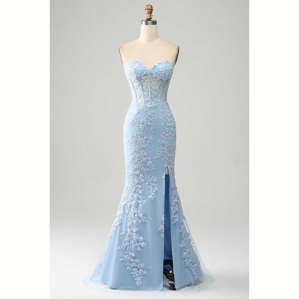 Elegant Light Blue Satin Women - Elegant Satin Evening Gown Split ulasan dan harga