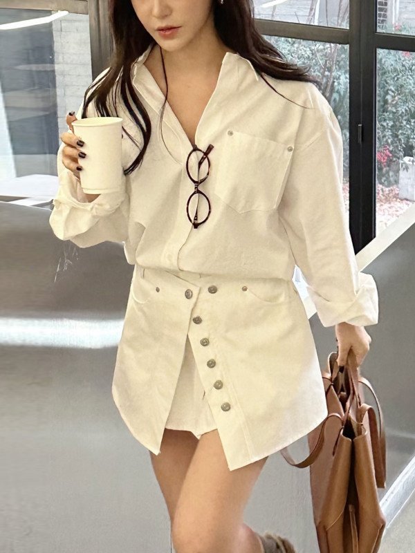 White Shirt Dress Women's Kore - Korean Style A Line Shirt Dress ulasan dan harga
