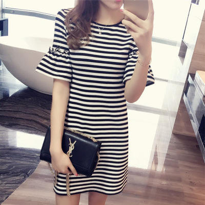 Summer Striped Dress Women's M - Korean Style A Line Shirt Dress ulasan dan harga