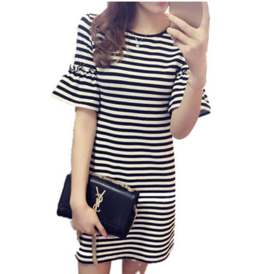 Summer Striped Dress Women's M - Korean Style A Line Shirt Dress ulasan dan harga