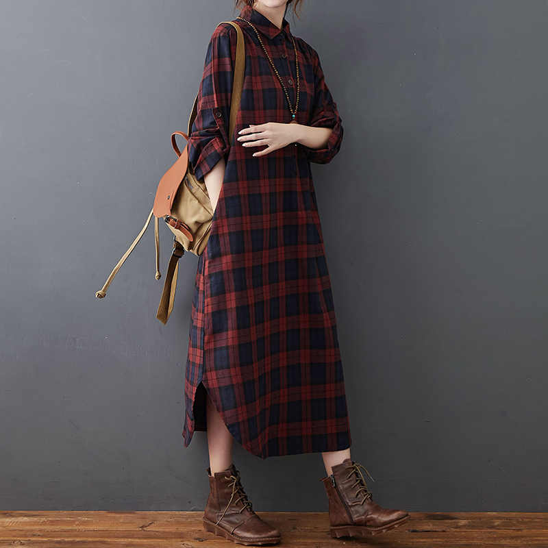 Cotton Linen Dress Women's Aut - Casual Loose Linen Shirt Dress ulasan dan harga