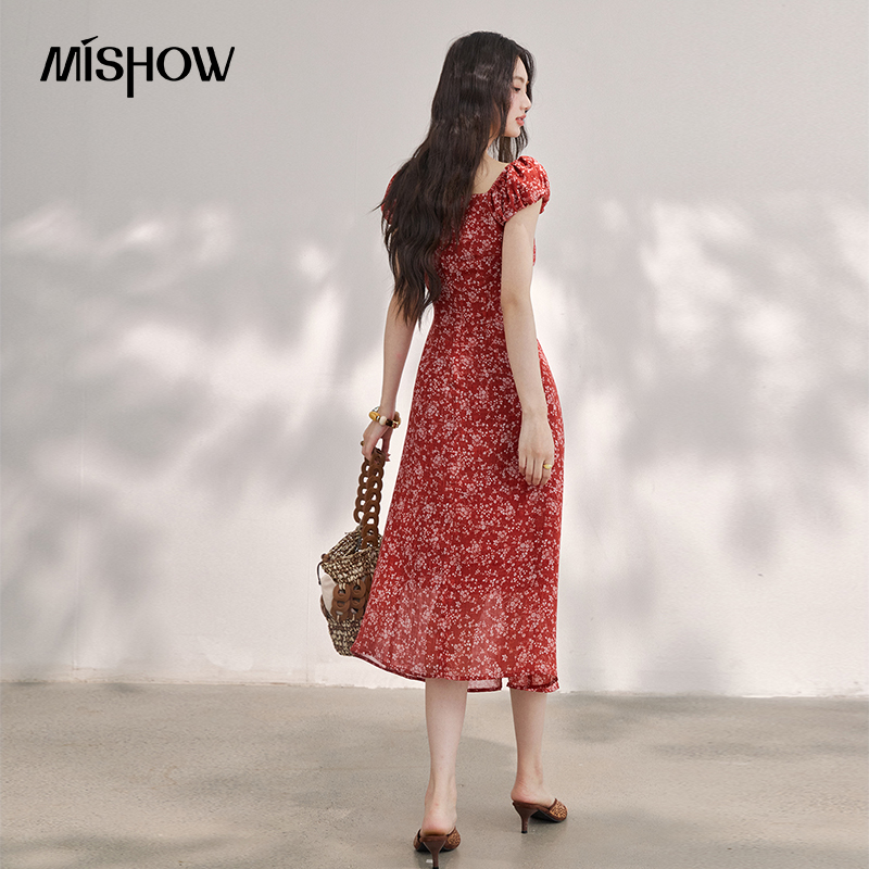 MISHOW Women's Vintage Red Flo - French Vintage Floral Midi Dress ulasan dan harga