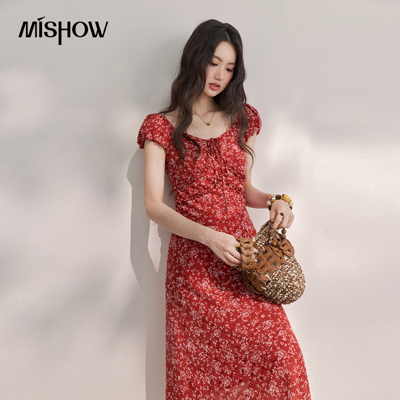 MISHOW Women's Vintage Red Flo - French Vintage Floral Midi Dress ulasan dan harga