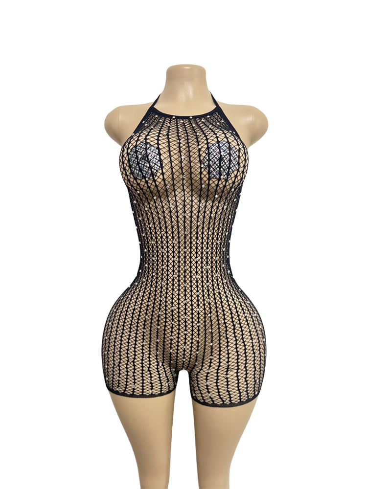 Women Halter Rhinestone Fishne - Sexy Mesh Sheer Bodycon Dress ulasan dan harga