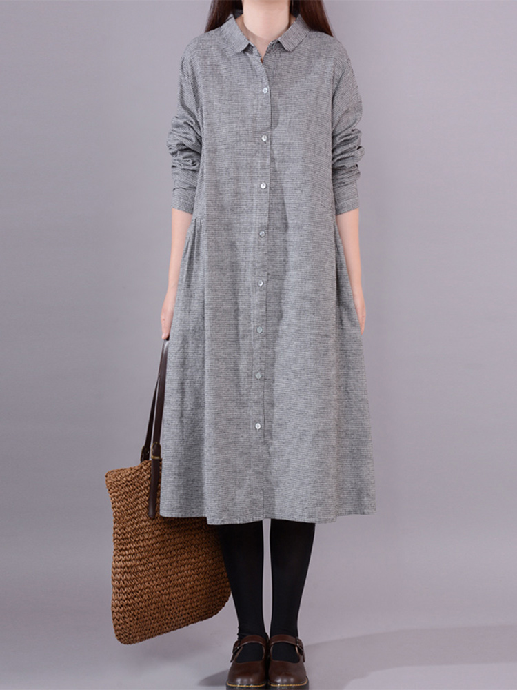 Women's Long Sleeve Cotton Lin - Korean Style A Line Shirt Dress ulasan dan harga