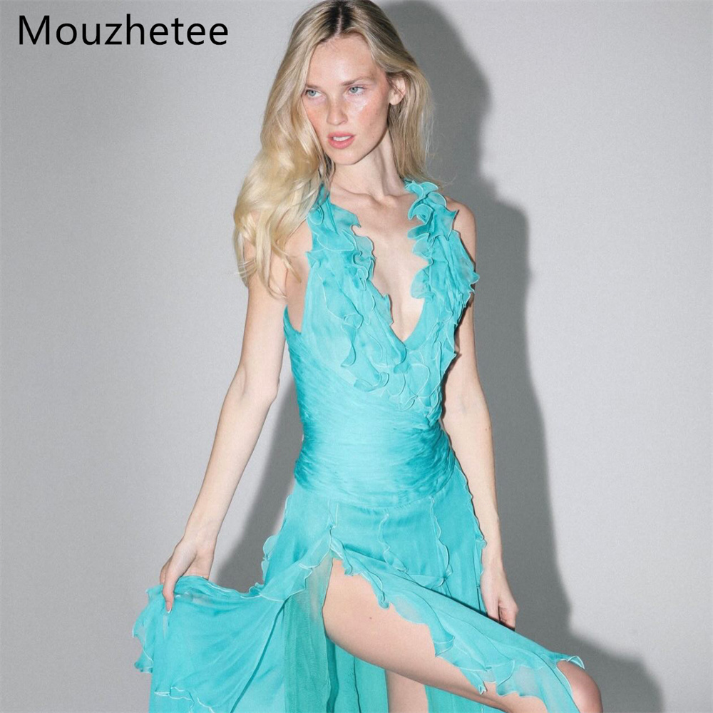 Mouzhetee Simple A-Line V-Neck - Elegant Satin Evening Gown Split ulasan dan harga