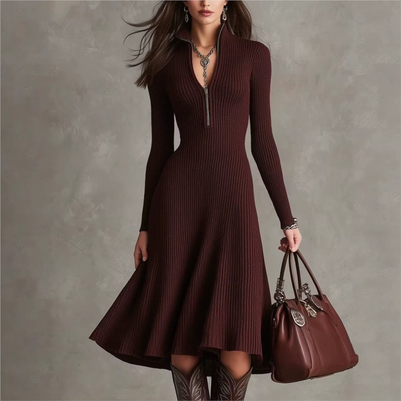 Women Ribbed Knit Midi Dress A - Bodycon Long Sleeve Ribbed Dress ulasan dan harga