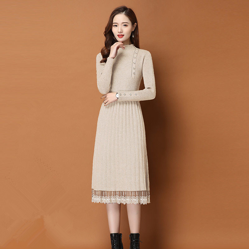 Lace Hem Buttons Women Autumn  - Bodycon Long Sleeve Ribbed Dress ulasan dan harga