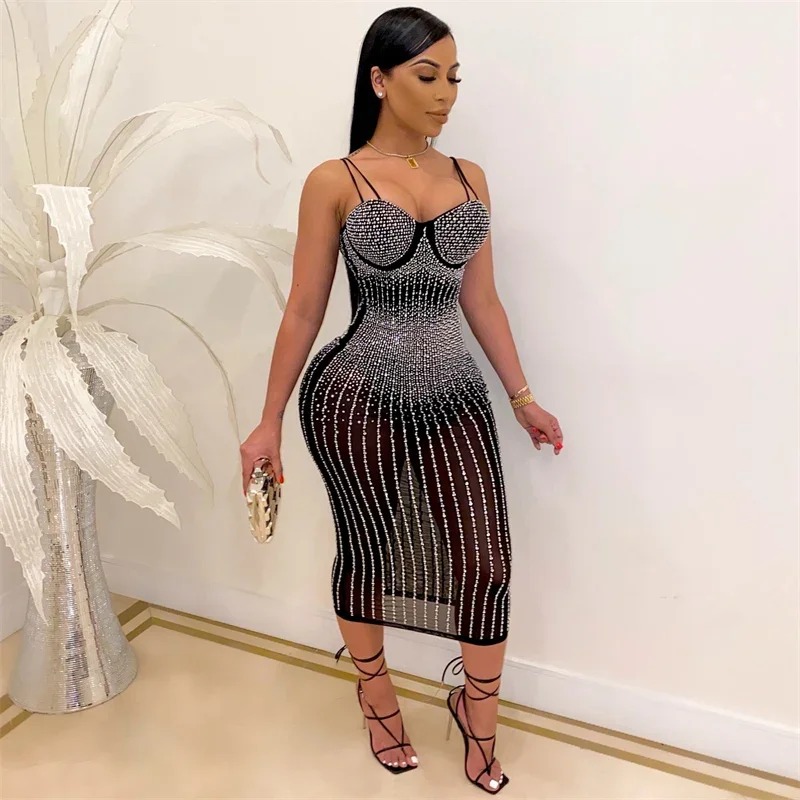 Sexy See Through Rhinestone Dr - Sparkly Rhinestone Club Party Dress ulasan dan harga