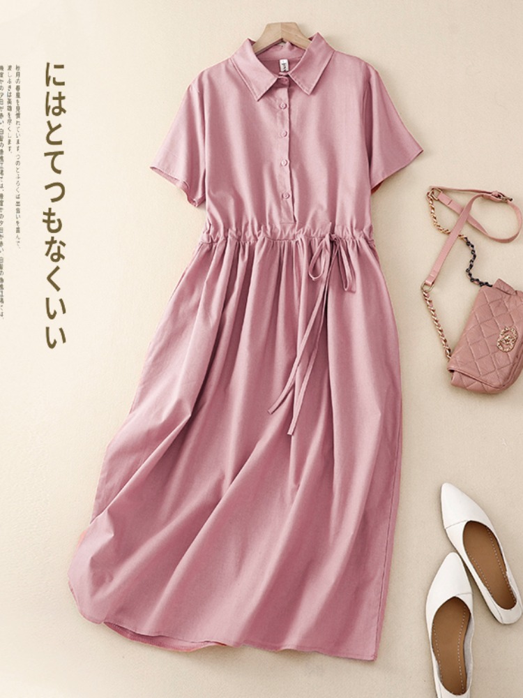 Outlet Cotton Lin Women's Dres - Korean Style A Line Shirt Dress ulasan dan harga