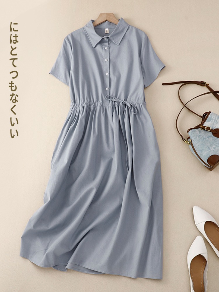 Outlet Cotton Lin Women's Dres - Korean Style A Line Shirt Dress ulasan dan harga