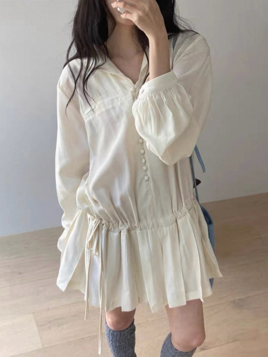 Slimming Long Sleeve Shirt Dre - Korean Style A Line Shirt Dress ulasan dan harga
