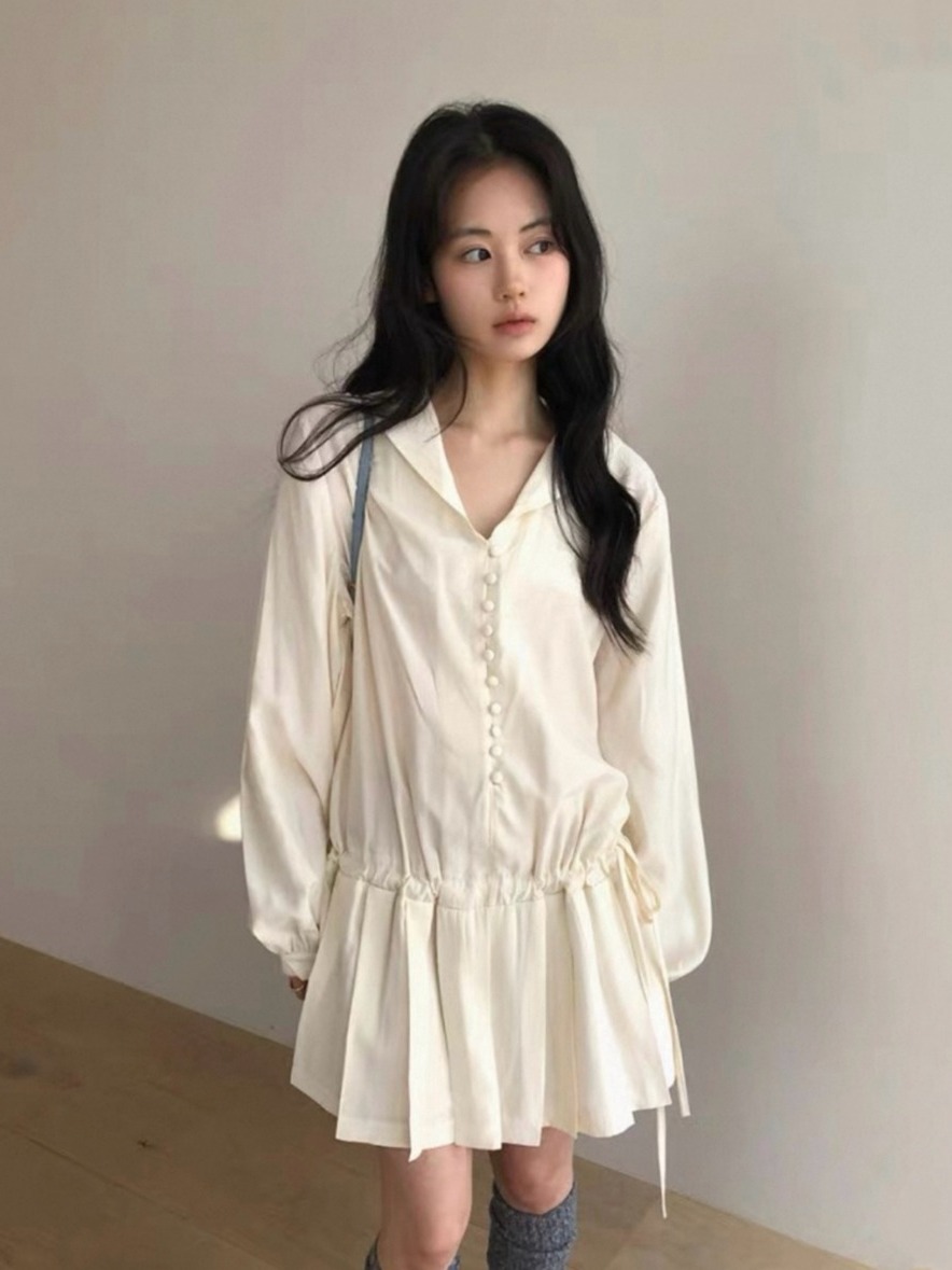 Slimming Long Sleeve Shirt Dre - Korean Style A Line Shirt Dress ulasan dan harga