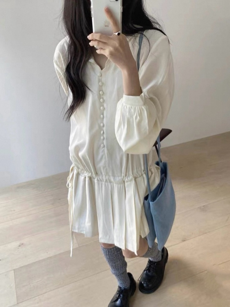 Slimming Long Sleeve Shirt Dre - Korean Style A Line Shirt Dress ulasan dan harga