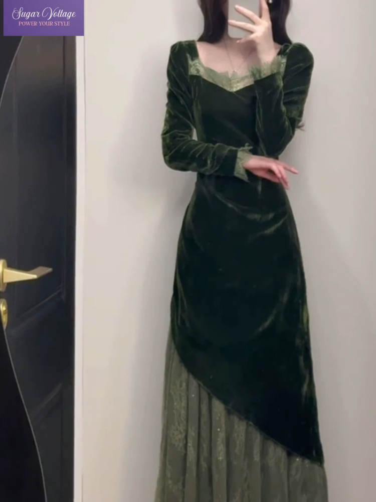 French Vintage Elegant Velvet  - French Vintage Floral Midi Dress ulasan dan harga