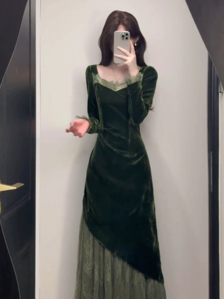 French Vintage Elegant Velvet  - French Vintage Floral Midi Dress ulasan dan harga