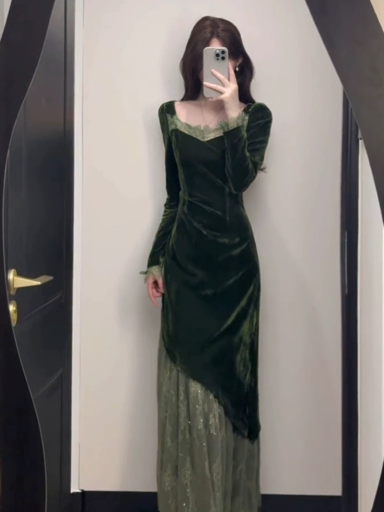 French Vintage Elegant Velvet  - French Vintage Floral Midi Dress ulasan dan harga