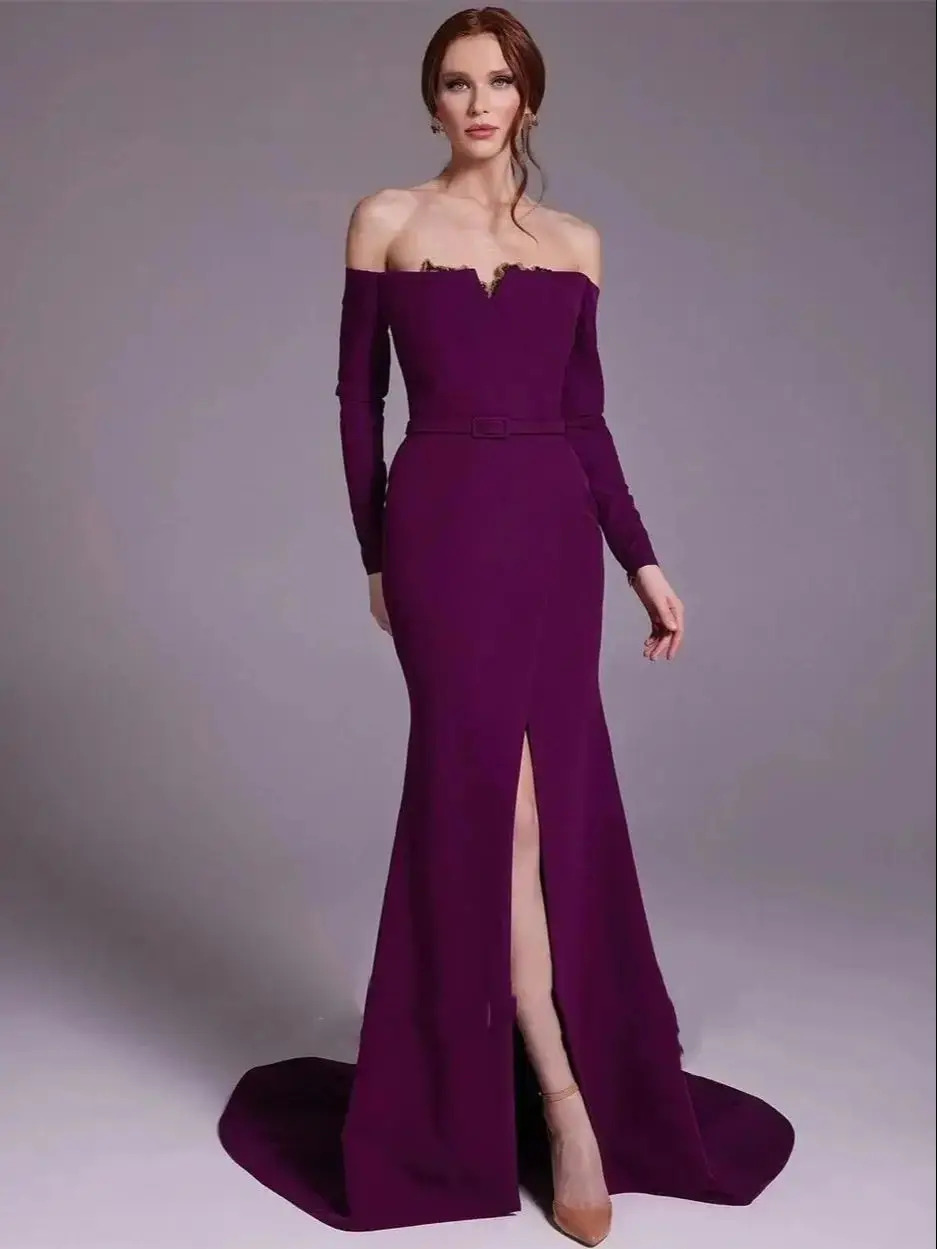 Elegant Purple Satin Off-the-s - Elegant Satin Evening Gown Split ulasan dan harga